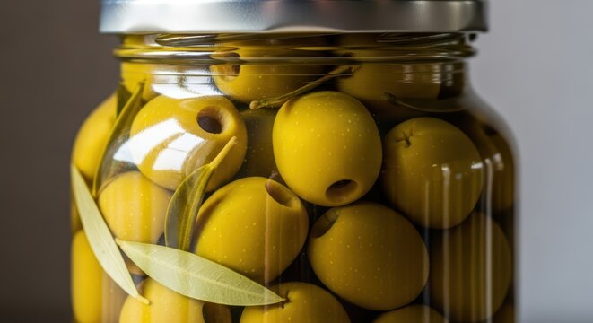 Close-up of green olives in a jar with leaf garnish - Powered by Adobe