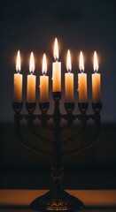 A seven-branched menorah with lit candles glowing warmly against a dark background. The scene evokes a spiritual, peaceful, and traditional mood. Ideal for religious or holiday content.