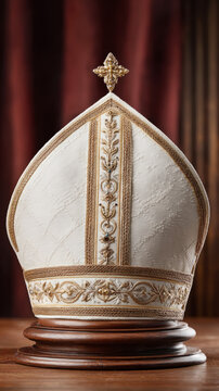 Ornate mitre hat on decorative stand for religious ceremonies