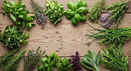 Variety of fresh culinary herbs on rustic wooden background