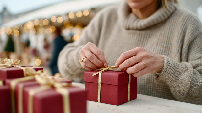 Festive christmas market scene with sellers wrapping gift boxes for holiday cheer