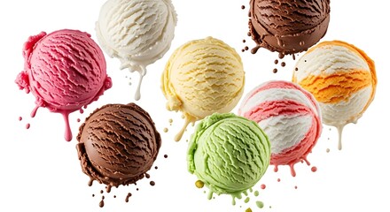 Assorted Ice Cream Scoops in Various Flavors Melting on White Background Colorful Frozen Dessert Collection
