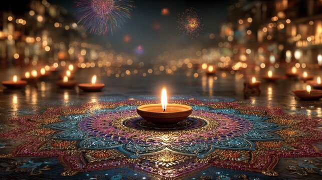 Diwali night celebration featuring diya lights, rangoli patterns, and fireworks display for festive backgrounds and celebrations