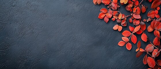 The composition features vibrant red leaves elegantly arranged against a dark, textured surface, ideal for adding an organic, autumnal touch to any project or design