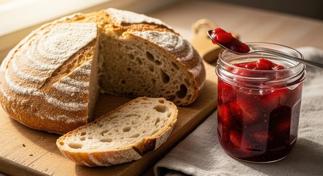 Rustic sourdough bread with jar of strawberry jam on wooden cutting board in sunlight