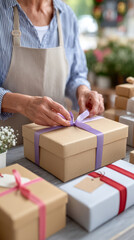Gift wrapping service display with handmade presents and decorative ribbons