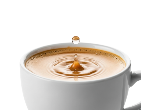 Coffee drop splash in white cup beverage minimal style isolated on transparent background