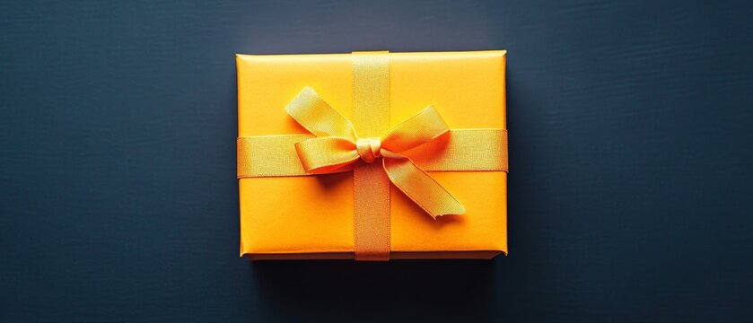 A present sits centered on a table, the square gift wrapped in bright yellow and tied with a lovely bow of the same hue. The beautifully wrapped package signifies celebration