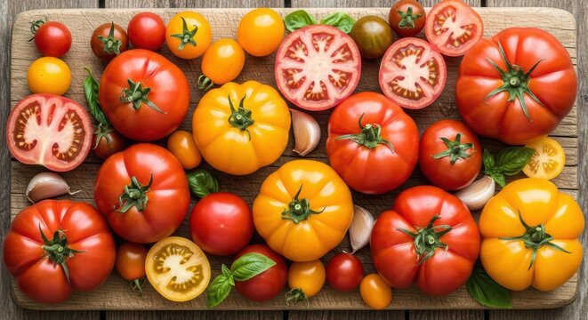 Variety of colorful heirloom tomatoes with basil and garlic on wooden board