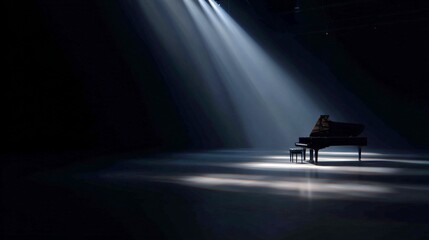 A solitary pianist performs under soft beams of light. The scene creates an atmosphere of calm and reflection. Perfect for music and performance art themes. AI