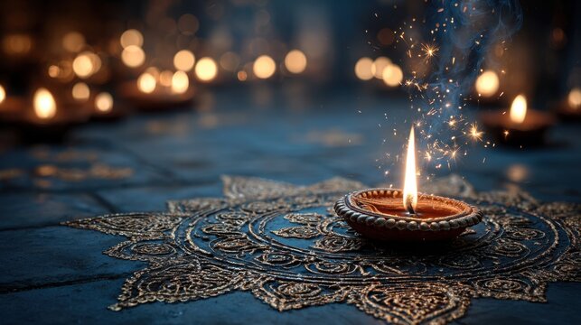 Diwali night celebration featuring diya lights, rangoli patterns, and fireworks display for festive backgrounds and celebrations