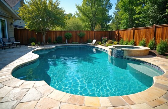 Beautiful residential backyard swimming pool, hot tub gleam under warm sun. Clear blue water reflects light. Modern stone patio surrounds inviting curved pool. Rich green trees, wood fence offer