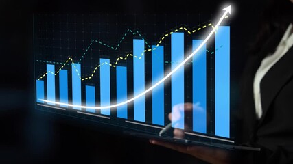 This image showcases a business growth visualization featuring blue bar graphs and a line chart against a dark background, perfect for financial analysis and market insights. Copula - Powered by Adobe