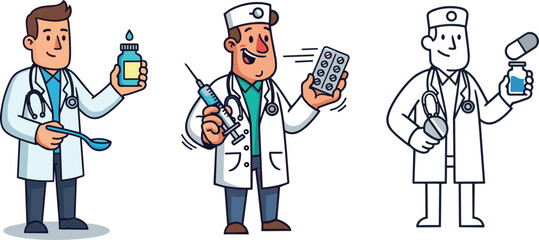 Cartoon doctors holding medicine, syringe, pills, medical tools, healthcare professionals in uniform, pharmaceutical illustration for clinic, hospital, and health education designs