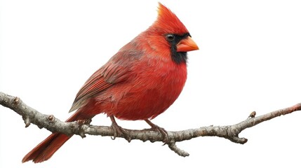 A vibrant red cardinal is perched on a branch showcasing its striking plumage. The bird stands out against a bright background highlighting its distinctive features.
