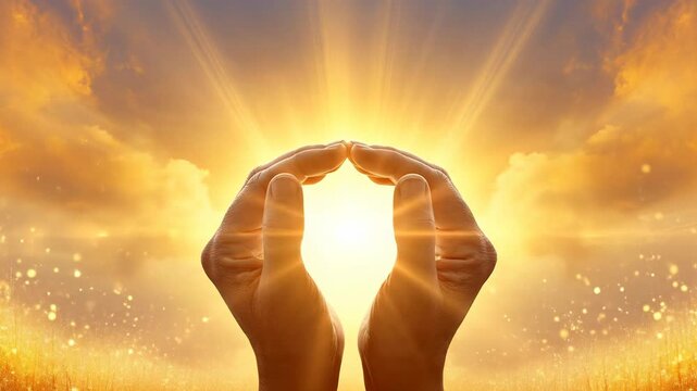 Hands cupping light glowing energy source