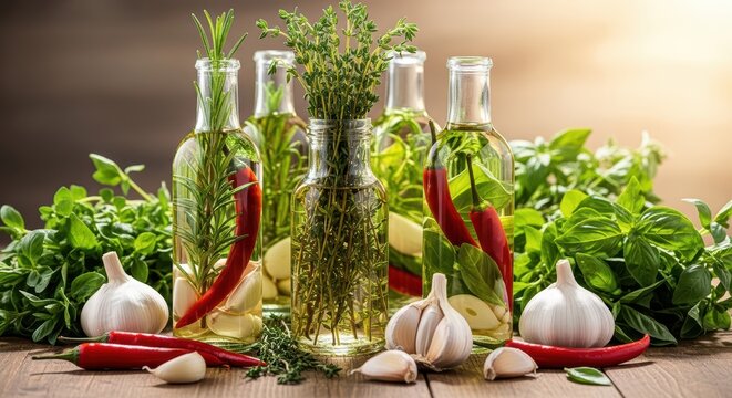 Herb and chili infused olive oil bottles with fresh garlic and herbs - Powered by Adobe