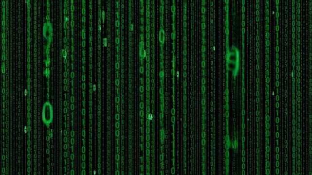 Green digital rain effect with binary code and symbols falling vertically on a dark background, representing data streams and technology.
