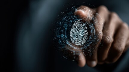 Businessman activating digital Zero Trust security network with fingerprint authentication, showcasing cloud data protection and AI network access
