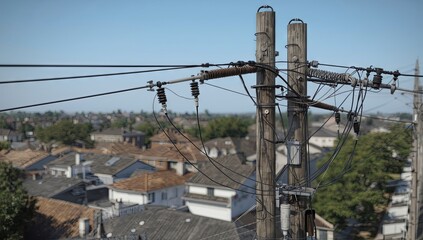 A city utility pole with multiple power lines, transformers, and insulators, detailed textures of wood and metal, clear blue sky, sharp focus on urban electrical infrastructure, professional industria