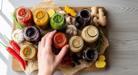 Assorted colorful smoothies and juices with fresh ingredients on wooden board