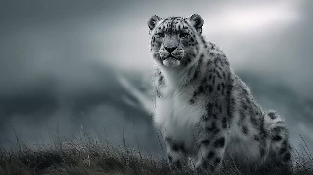 Snow Leopard Stares Intensely Amidst a Misty Mountain Landscape Scene