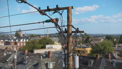 A complex electrical pole with multiple cables and transformers, detailed metal and wood textures, urban rooftops and trees in the background, clean professional photorealistic composition