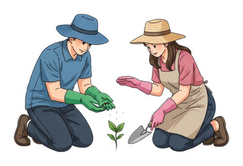 Gardening activity with friends home garden isolated on transparent background