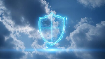 Glowing blue digital shield icon representing cloud security against a cloudy sky background. - Powered by Adobe