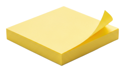 Creative office supplies yellow sticky notes on desk minimalist style isolated on transparent background