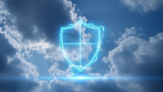 Glowing blue digital shield icon representing cloud security against a cloudy sky background. - Powered by Adobe