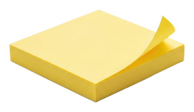 Creative office supplies yellow sticky notes on desk minimalist style isolated on transparent background