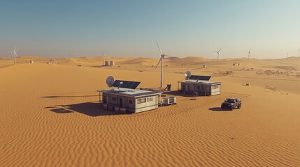 Sharp, detailed view of a futuristic desert research facility with solar panels, wind turbines, satellite dishes, water tanks, and all-terrain vehicles, emphasizing sustainable technology in a remote