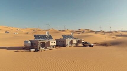 A high-tech desert research base with modular structures, solar arrays, satellite equipment, water storage, wind turbines, and parked vehicles, highlighting human innovation in a vast barren environme