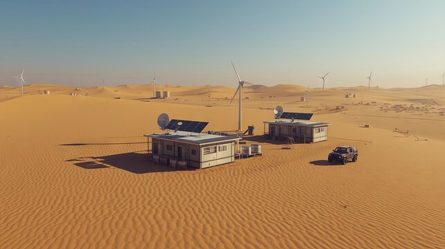 Sharp, detailed view of a futuristic desert research facility with solar panels, wind turbines, satellite dishes, water tanks, and all-terrain vehicles, emphasizing sustainable technology in a remote