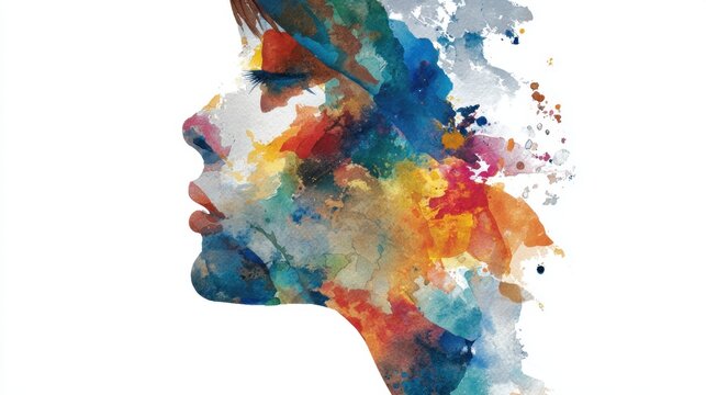 A woman's face is painted with a variety of colors, creating a vibrant and lively atmosphere. The use of bright colors and the abstract nature of the painting suggest a sense of creativity and freedom