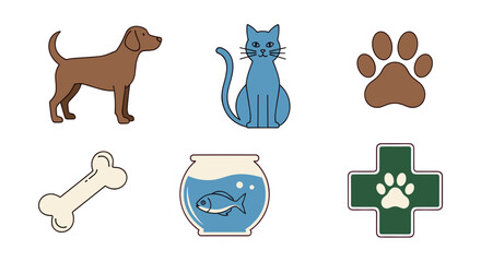 Collection of pet related icons including a dog, cat, fish, bone, paw print and vet cross
