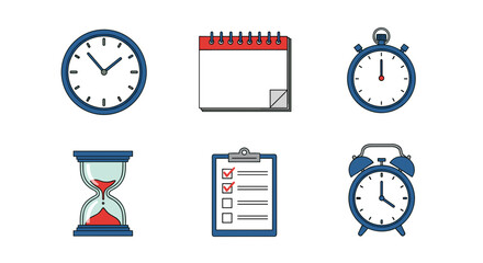 Illustration of various time management tools including a clock calendar and hourglass concept is shown