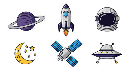 Illustration of a planet with rings, rocket, helmet, moon with stars, satellite and ufo in space theme