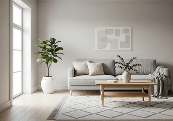 Modern living room with light green sofa wooden coffee table large potted plant and natural light from a window