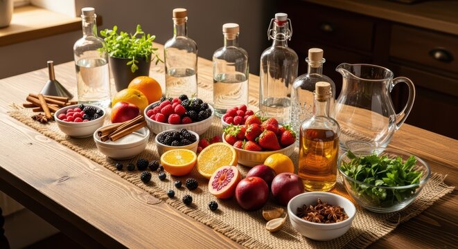 Colorful assortment of fruits, herbs, and liquids on wooden table - Powered by Adobe