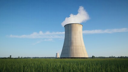 Coal plant cooling tower releasing subtle smoke, set against a blue sky with grassy foreground, minimal industrial composition, sharp photorealistic textures, perfect for energy-related visuals