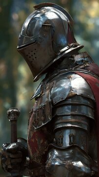 Weathered Knight in Full Plate Armor Holding Sword