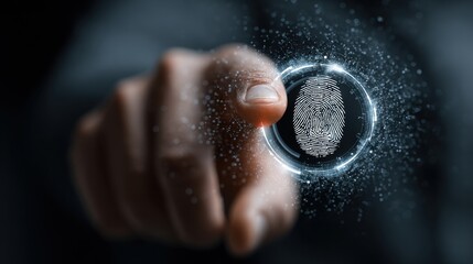 Businessman activating digital Zero Trust security network with fingerprint authentication, showcasing cloud data protection and AI network access