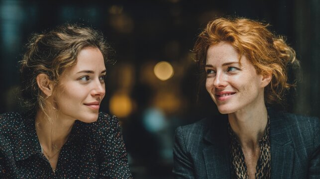Two young Business women in suits discuss stock market trends during daytime