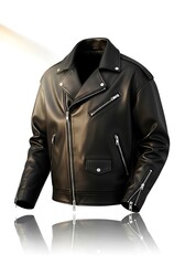 Classic black leather motorcycle jacket with silver zippers and hardware isolated on a white background