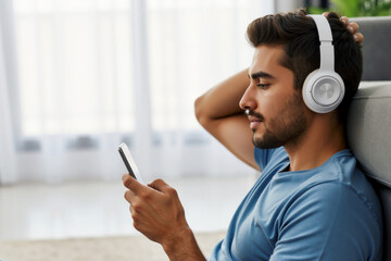 Young Middle Eastern man with beard wearing headphones, sitting and looking at smartphone, digital entertainment and modern lifestyle, with copy space