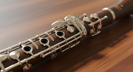 Elegant Wooden Clarinet Detail with Shiny Silver Keys on a Warm Brown Surface