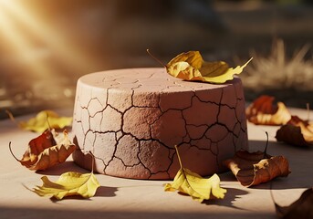 Cracked earth texture cylinder with fallen autumn leaves and warm sunlight creating a rustic natural scene