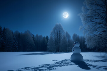 Snowman standing in a serene winter forest under a bright full moon. Winter holiday season and peaceful nature scene banner with copy space